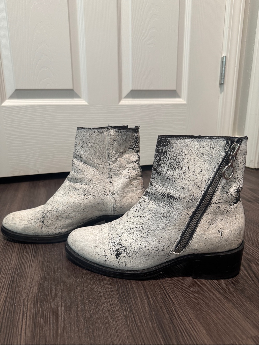 Frye White & Black Distressed Leather Ankle Booties with Side Zip